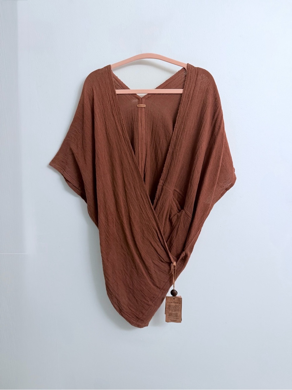 NWT $438 CARAVANA Rust Knit Wrap Handmade in Mexico Top with Decorative Bead Tie
